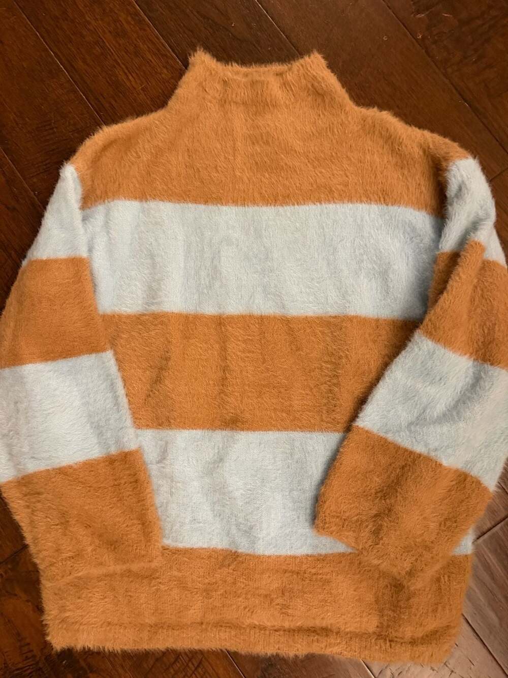 Moon River Fuzzy Striped Mock Neck Sweater Orange Blue XS